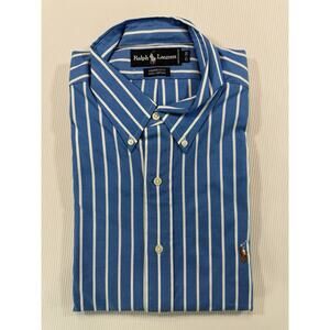 NWT Ralph Lauren Yarmouth 17 34 Blue White Stripe Dress Shirt Button Down